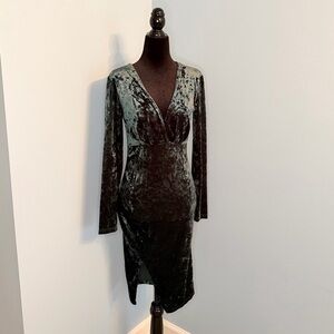 Crushed velour dress, green dress, bodycon midi, v neck dress, evening dress